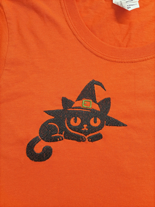 Chat sorcière - Noir sur t-shirt orange