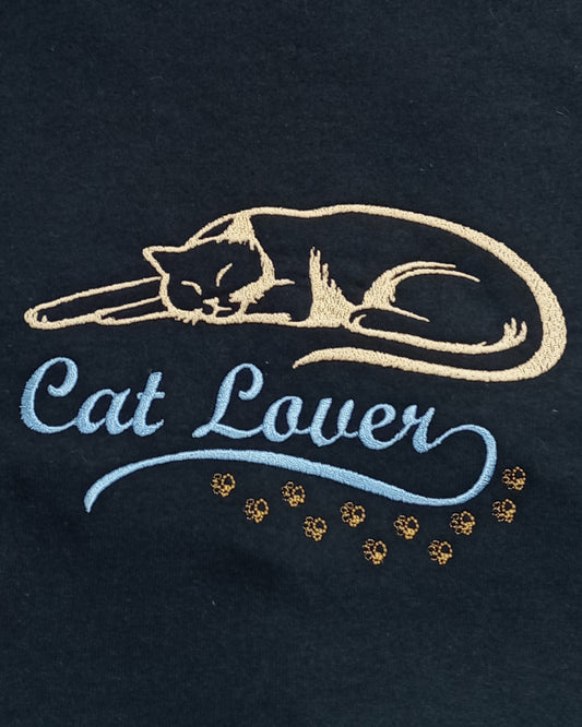 Amoureux des chats - T-shirt noir avec motifs or et bleu