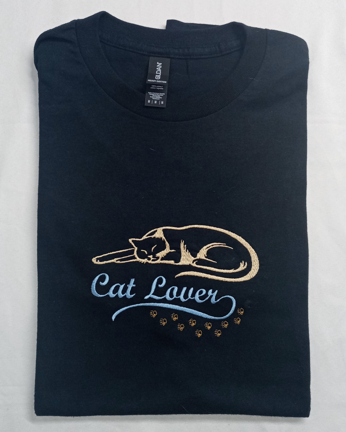 Amoureux des chats - T-shirt noir avec motifs or et bleu