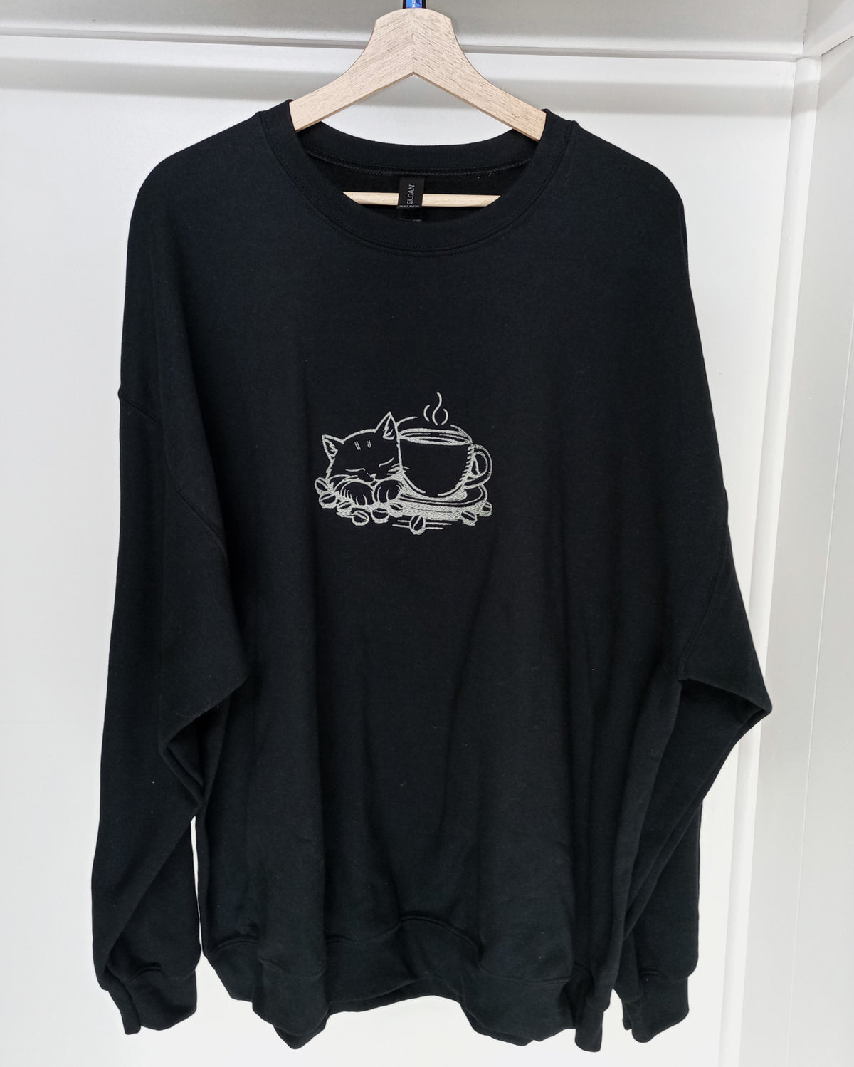 Mocha Cat - Silver thread on Black Sweatshirt