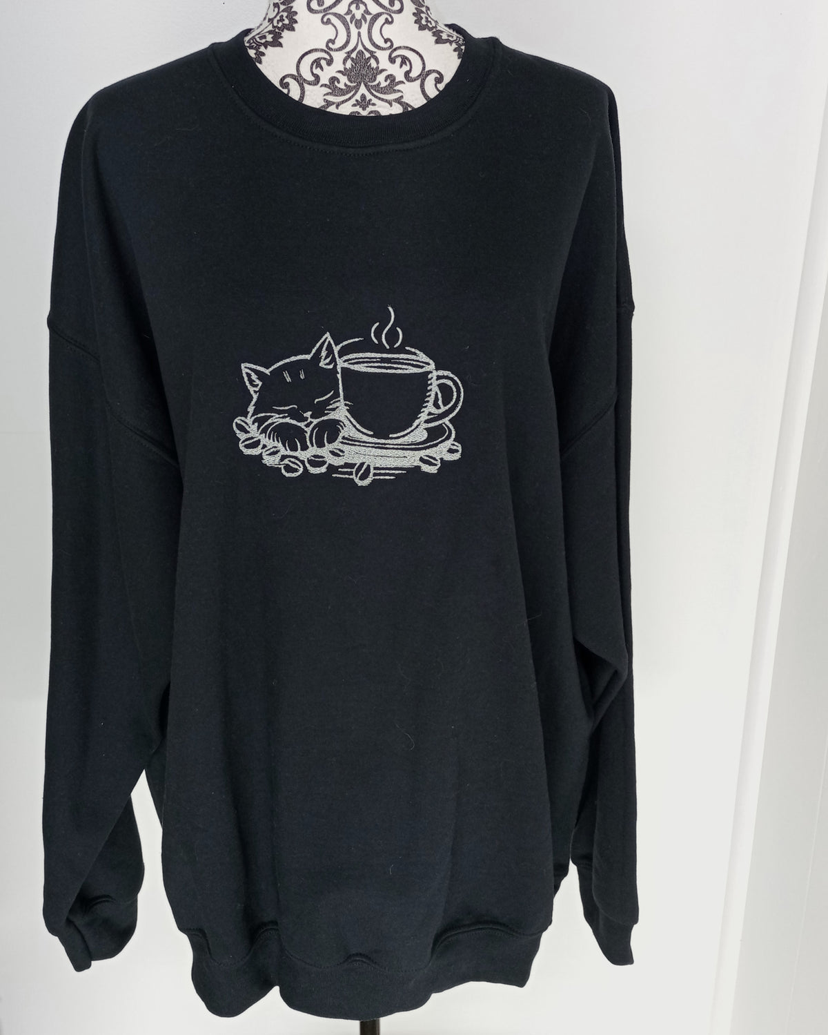 Mocha Cat - Silver thread on Black Sweatshirt