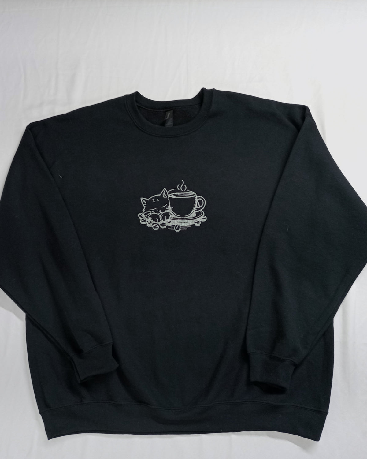 Mocha Cat - Silver thread on Black Sweatshirt