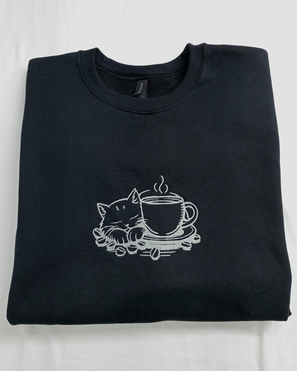 Mocha Cat - Silver thread on Black Sweatshirt