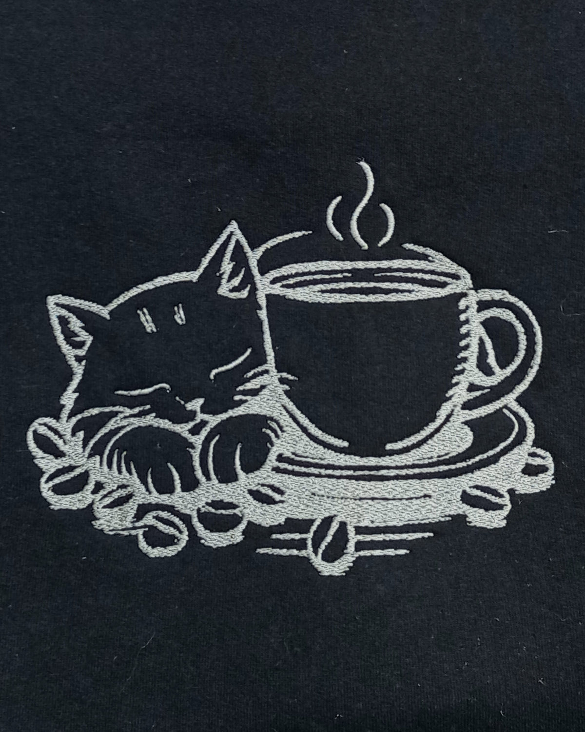 Mocha Cat - Silver thread on Black Sweatshirt