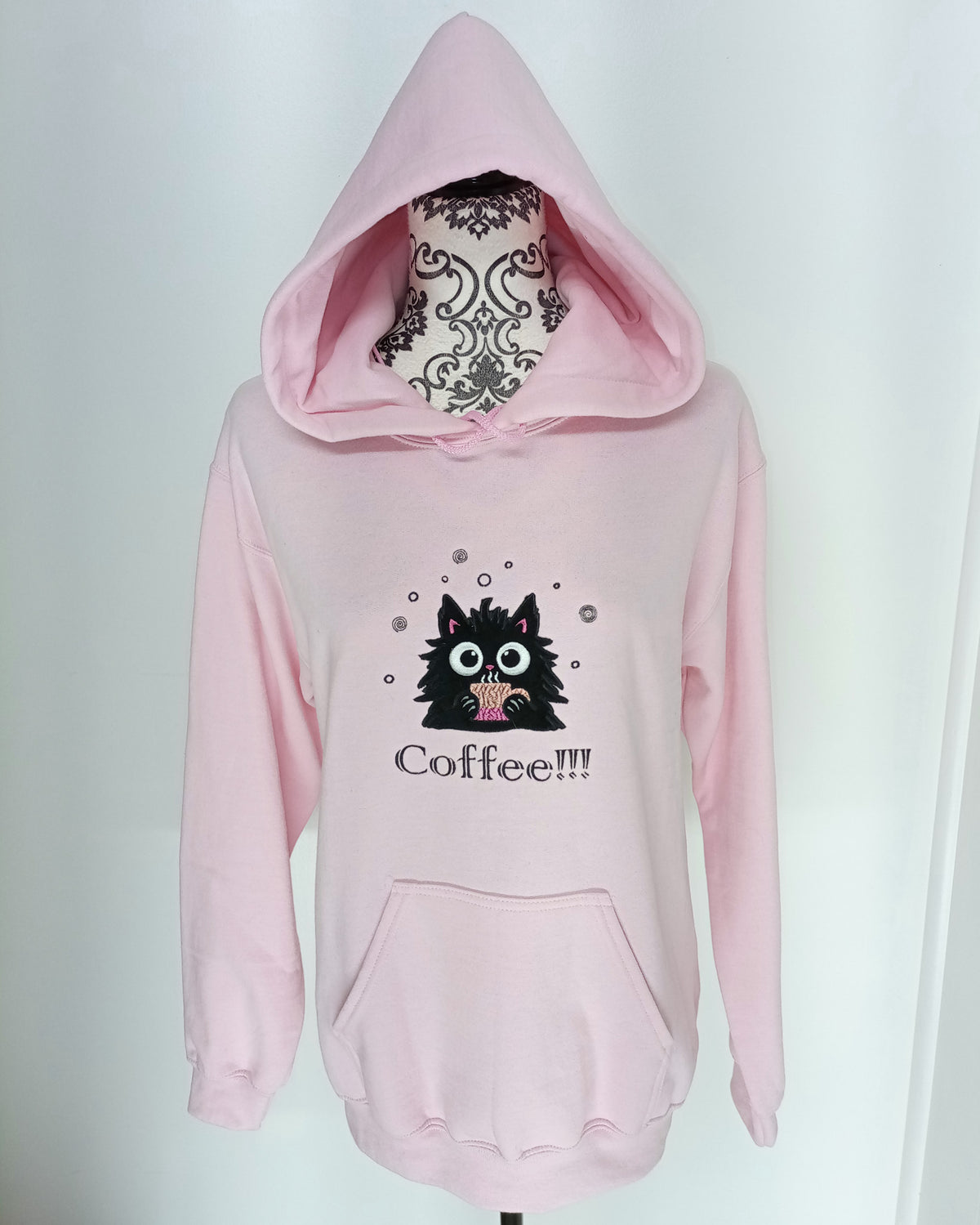Café !!! - Noir sur sweat à capuche rose clair