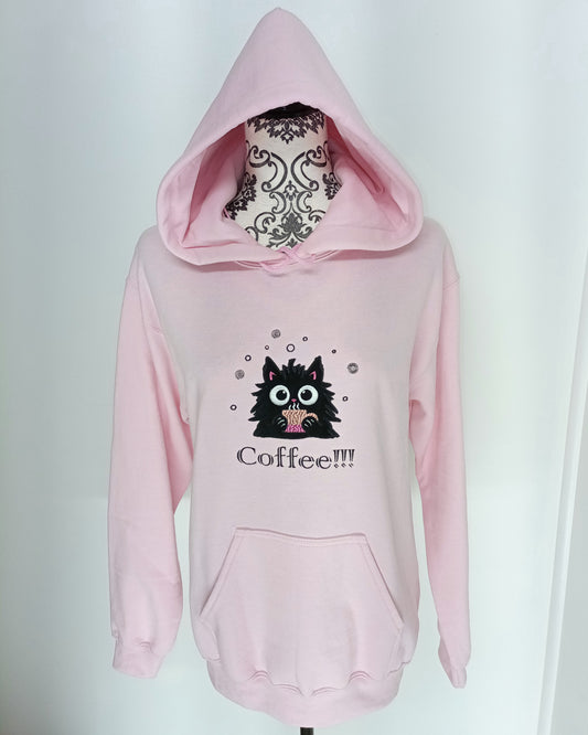 Café !!! - Noir sur sweat à capuche rose clair
