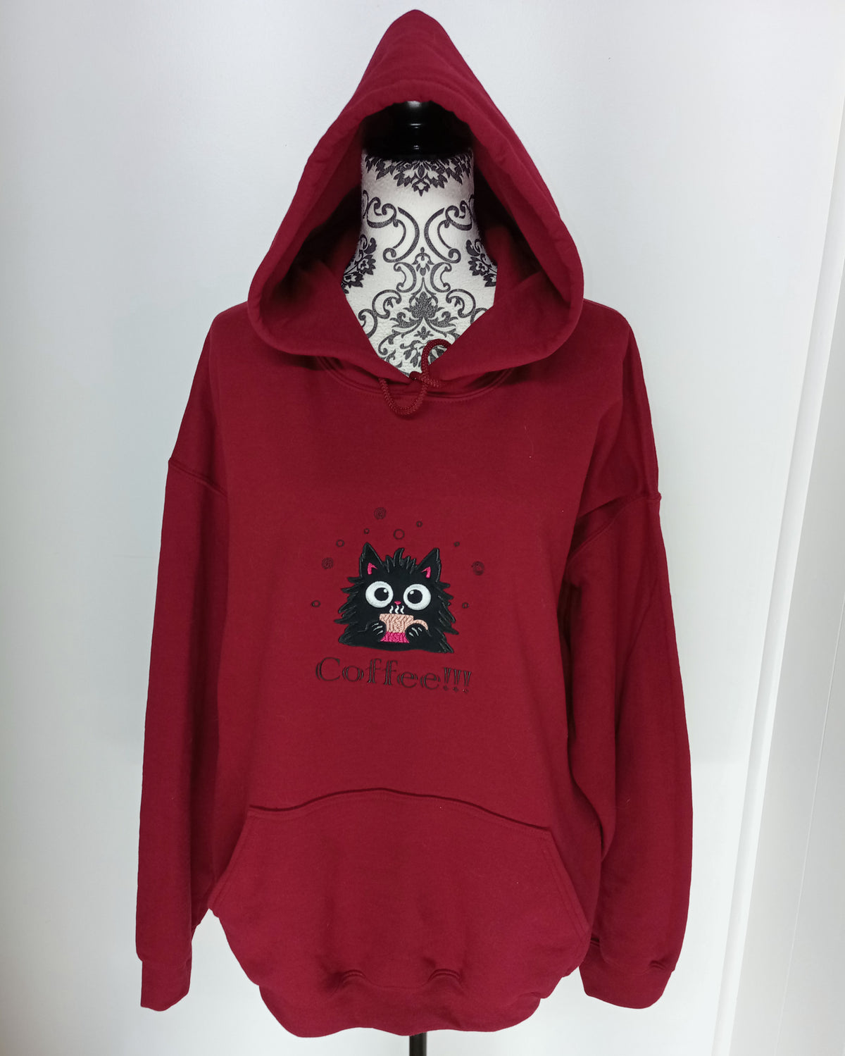 Café !!! - Sweat à capuche noir sur bordeaux (Copie)