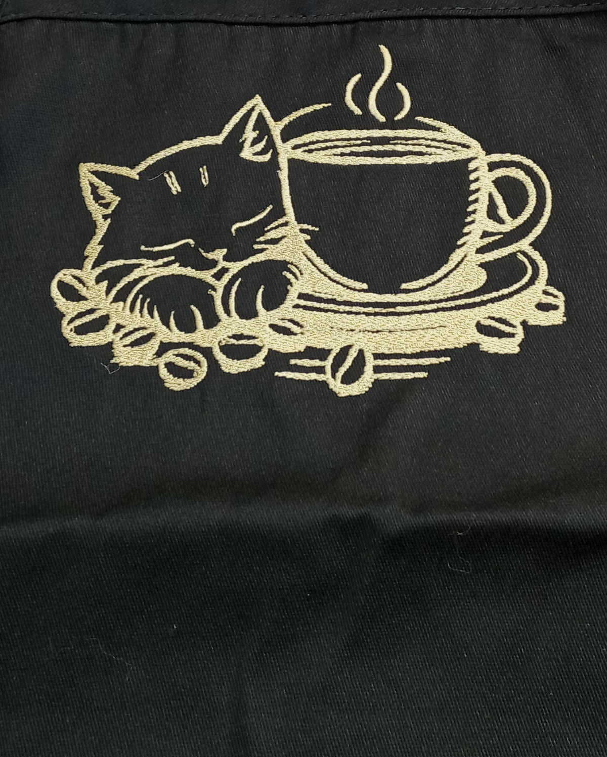 Chat Mocha - Fil doré brillant sur tablier noir