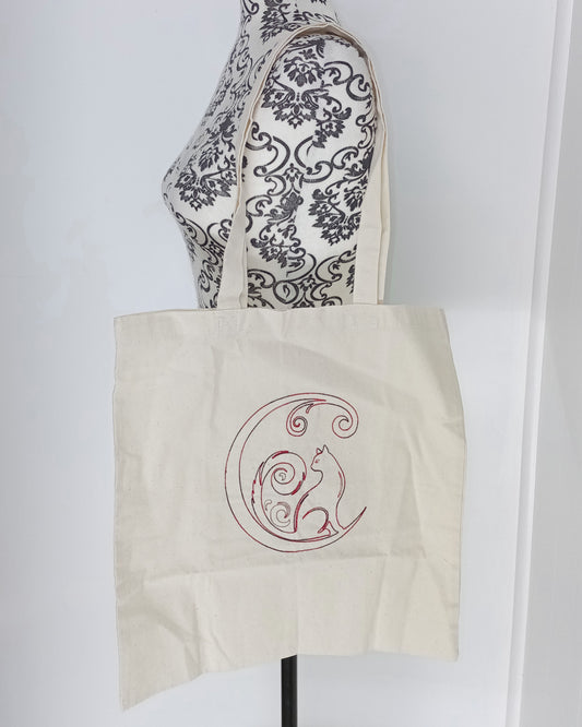 Crescent Moon Cat - Red/Black thick thread on Ivory Tote bag