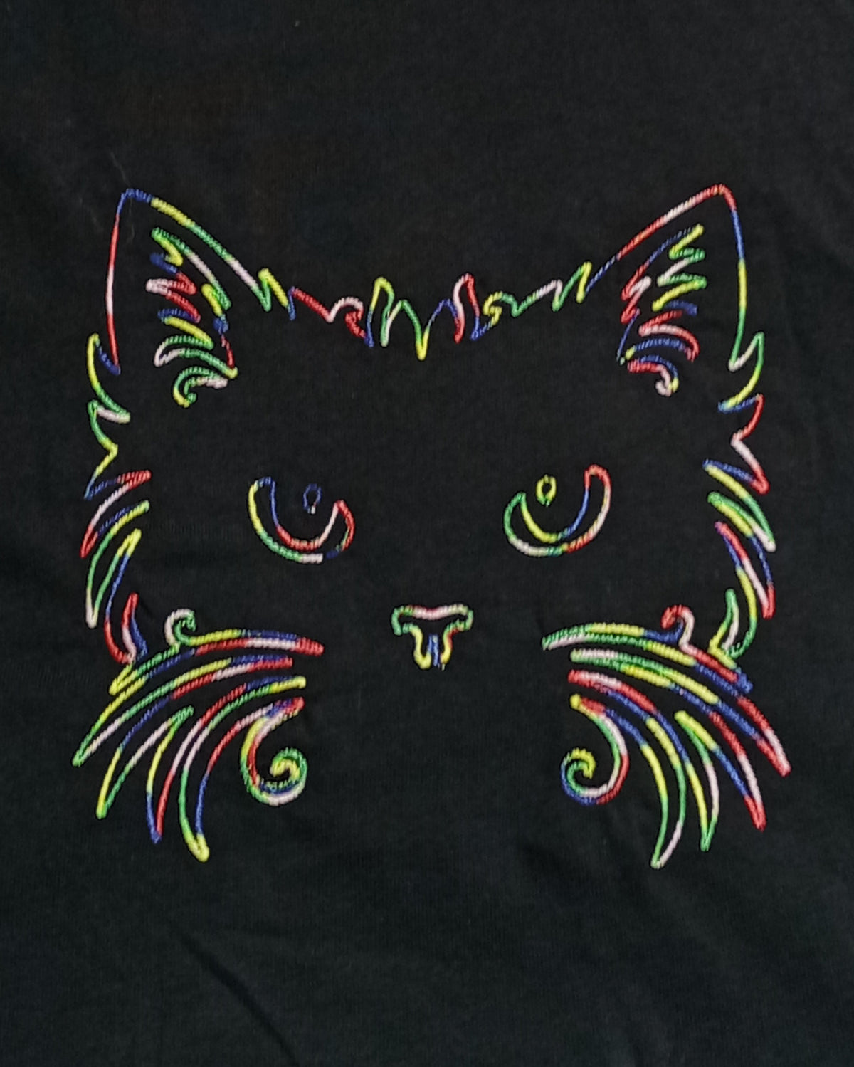 Visage de chat - Fil arc-en-ciel épais sur t-shirt noir