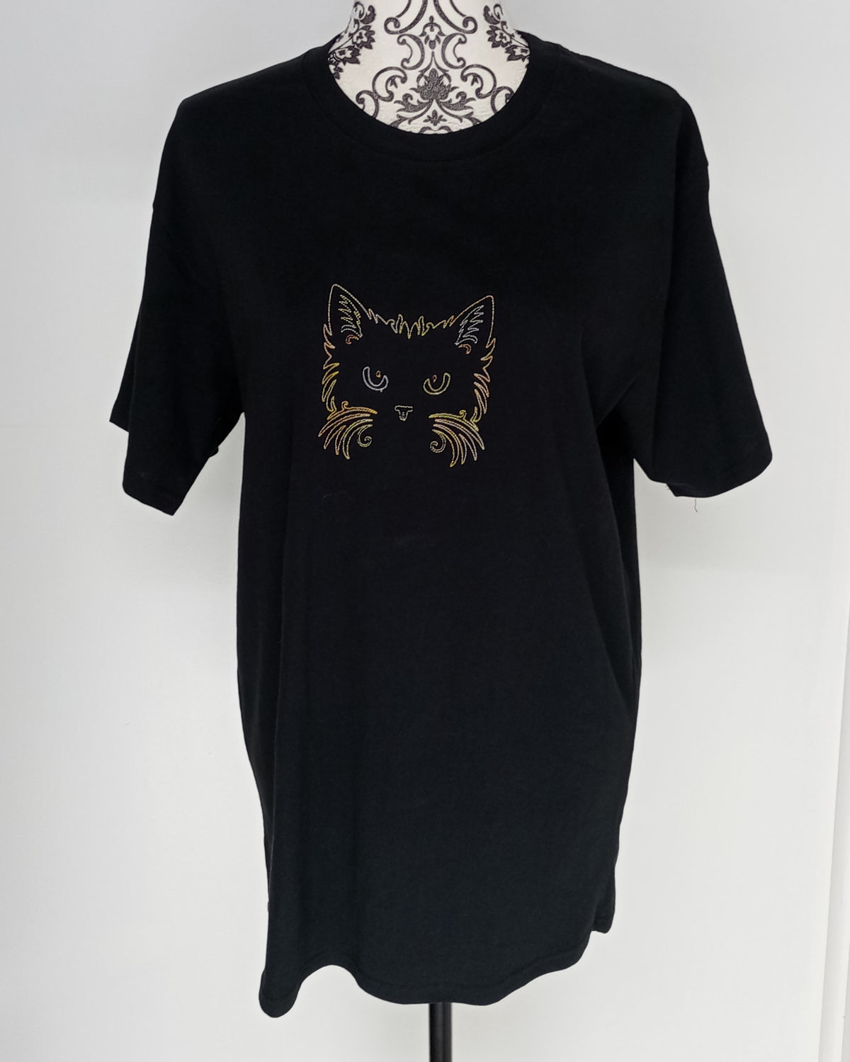 Cat Face - Brown/Orange/Yellow Thread on Black T-Shirt