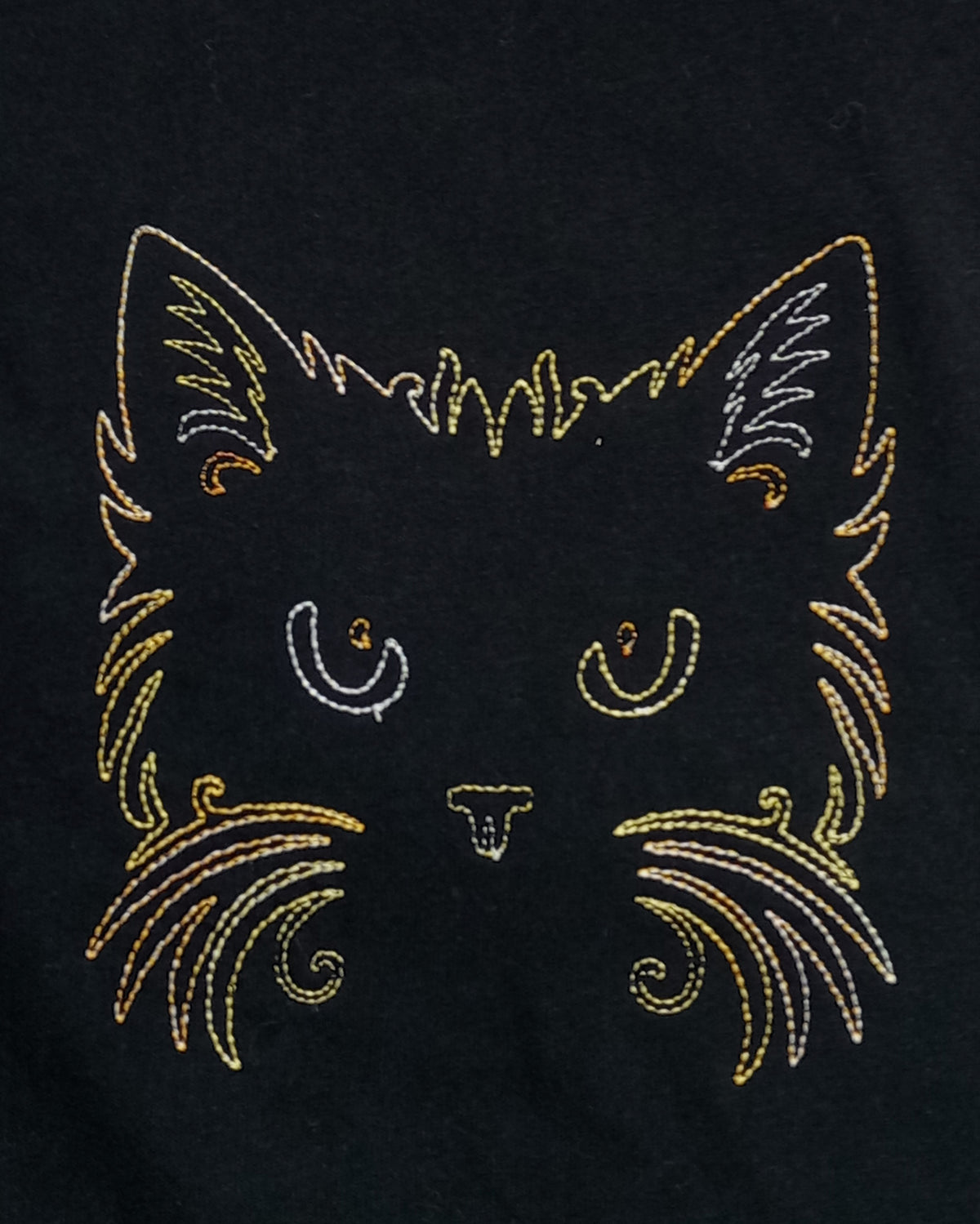 Cat Face - Brown/Orange/Yellow Thread on Black T-Shirt