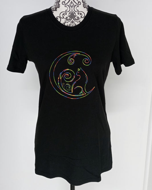 Crescent Moon Cat - Rainbow Thread on Black T-Shirt