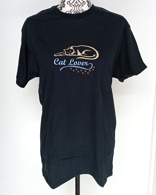 Amoureux des chats - T-shirt noir avec motifs or et bleu