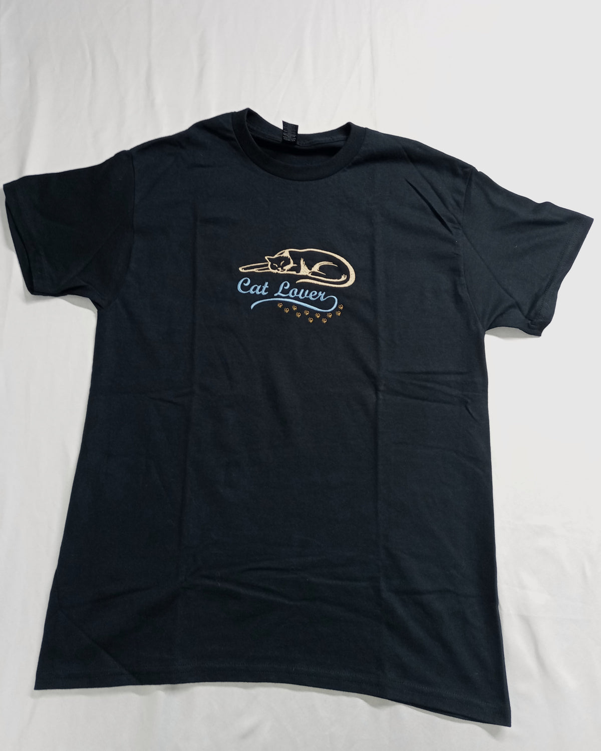 Amoureux des chats - T-shirt noir avec motifs or et bleu