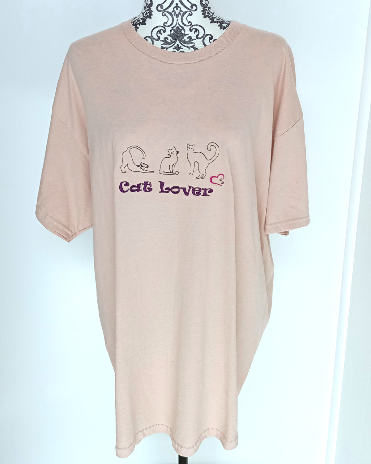 Triple Cat Lover - Purple & Pink on Dusty Rose T-Shirt