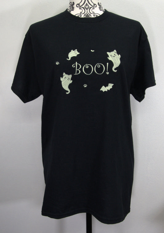 Kitty-Boo! - Glow in the Dark thread on Black T-Shirt